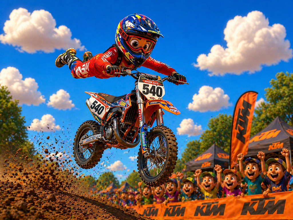 Motocross rider in mid-air with KTM branding, surrounded by cheering fans and a blue sky.