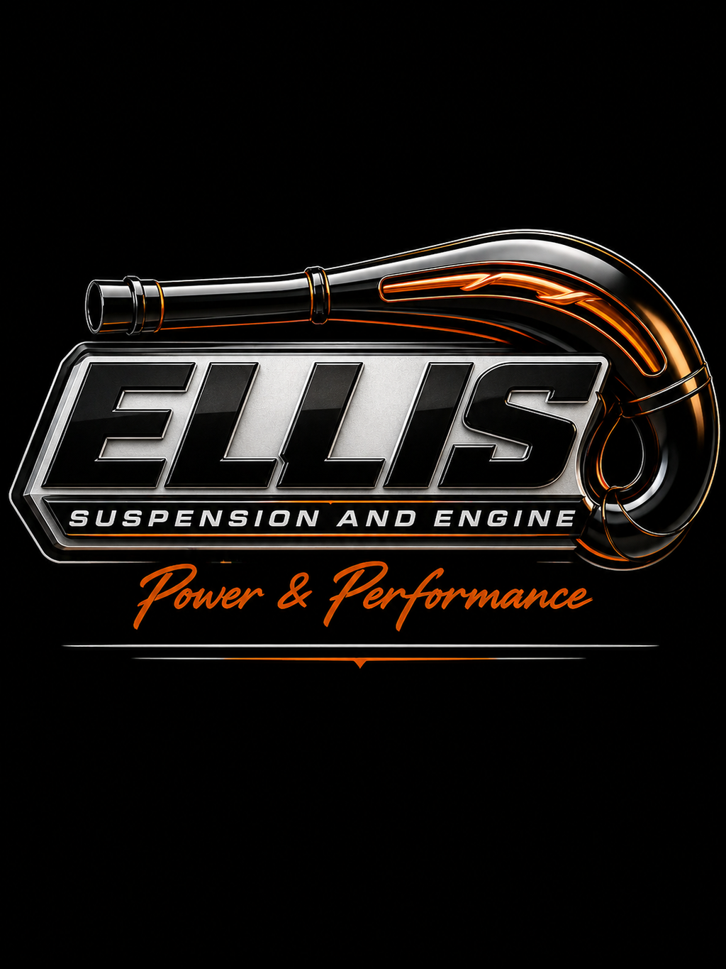 Logo of Ellis Suspension and Engine with a stylized exhaust pipe on a black background