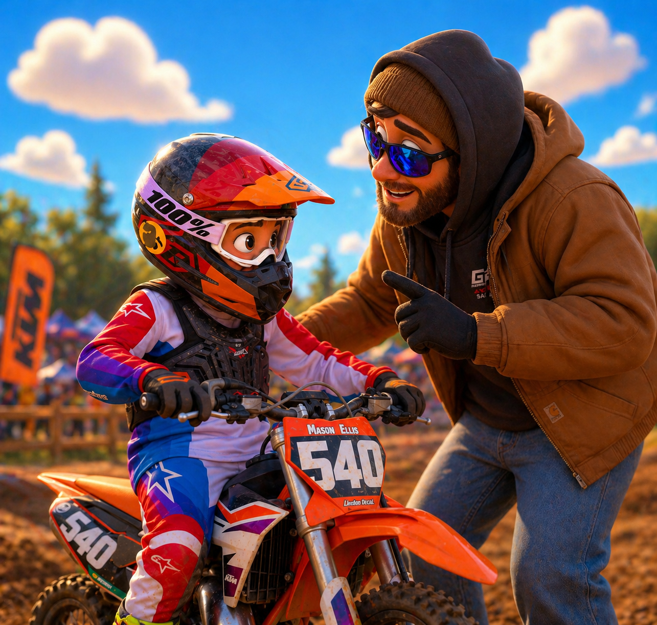 Child on a dirt bike with an adult in a casual setting, likely at a dirt bike event.