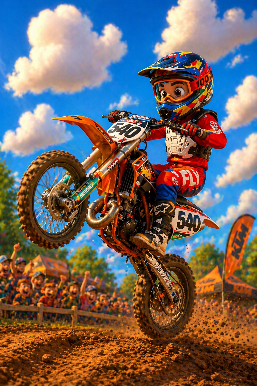 Motocross rider in mid-air performing a stunt with a colorful background