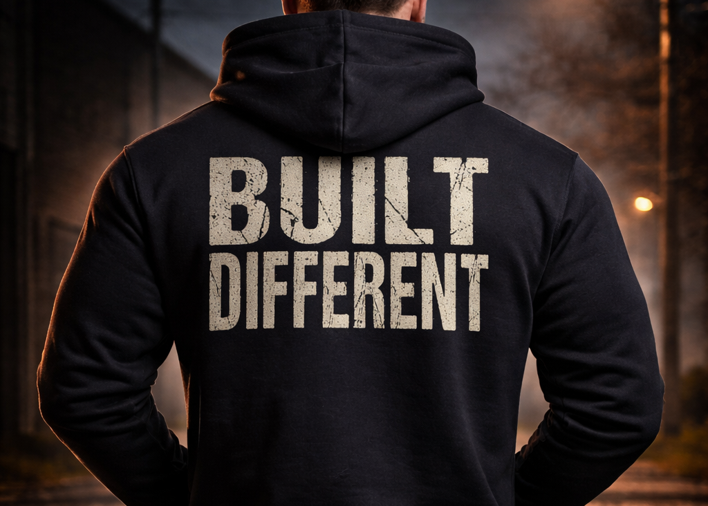 Person wearing a black hoodie with 'Built Different' text, standing in an industrial setting.