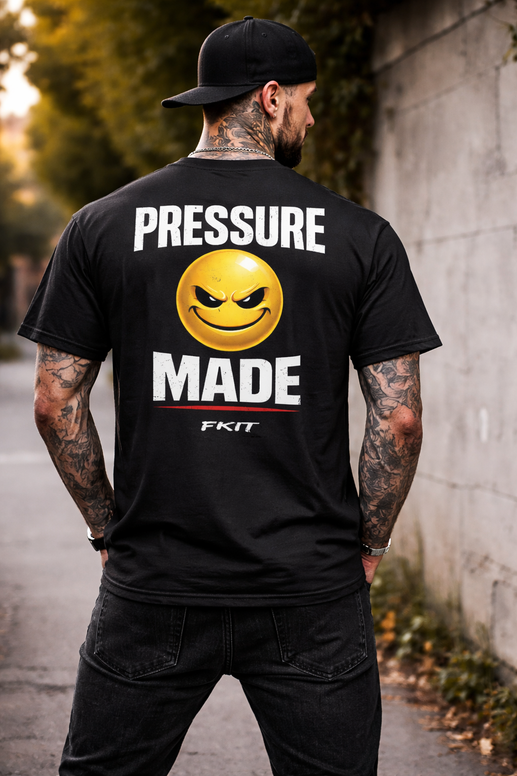 Person wearing a black t-shirt with a smiley face and text on the back, standing outdoors.