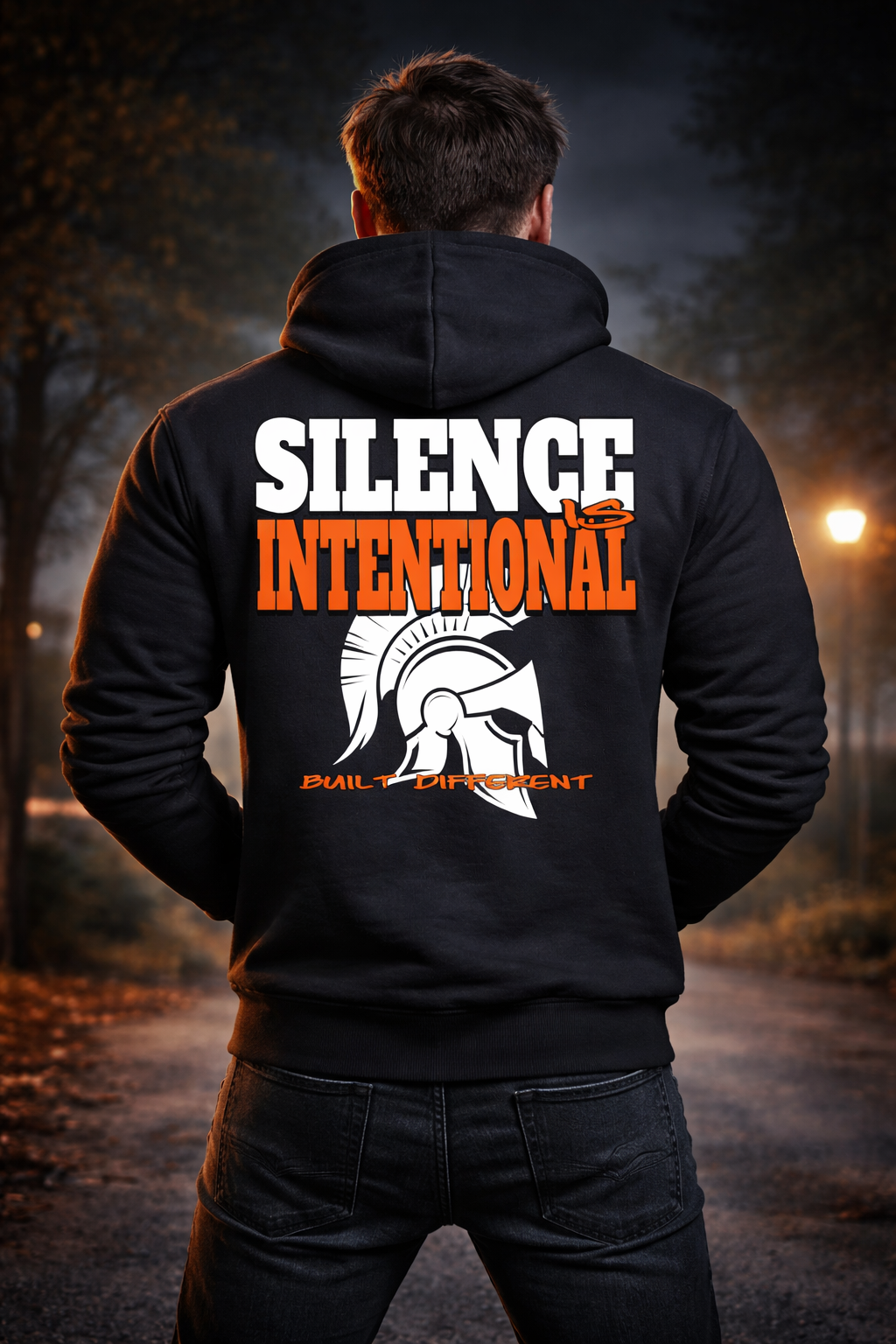 Person wearing a black hoodie with 'Silence is Intentional' text and logo in a forest setting
