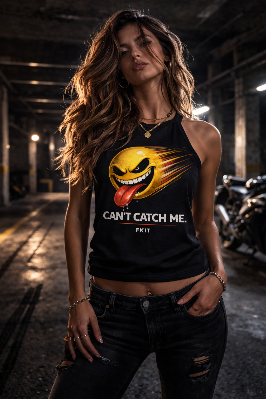 Woman wearing a black tank top with a graphic design in an industrial setting