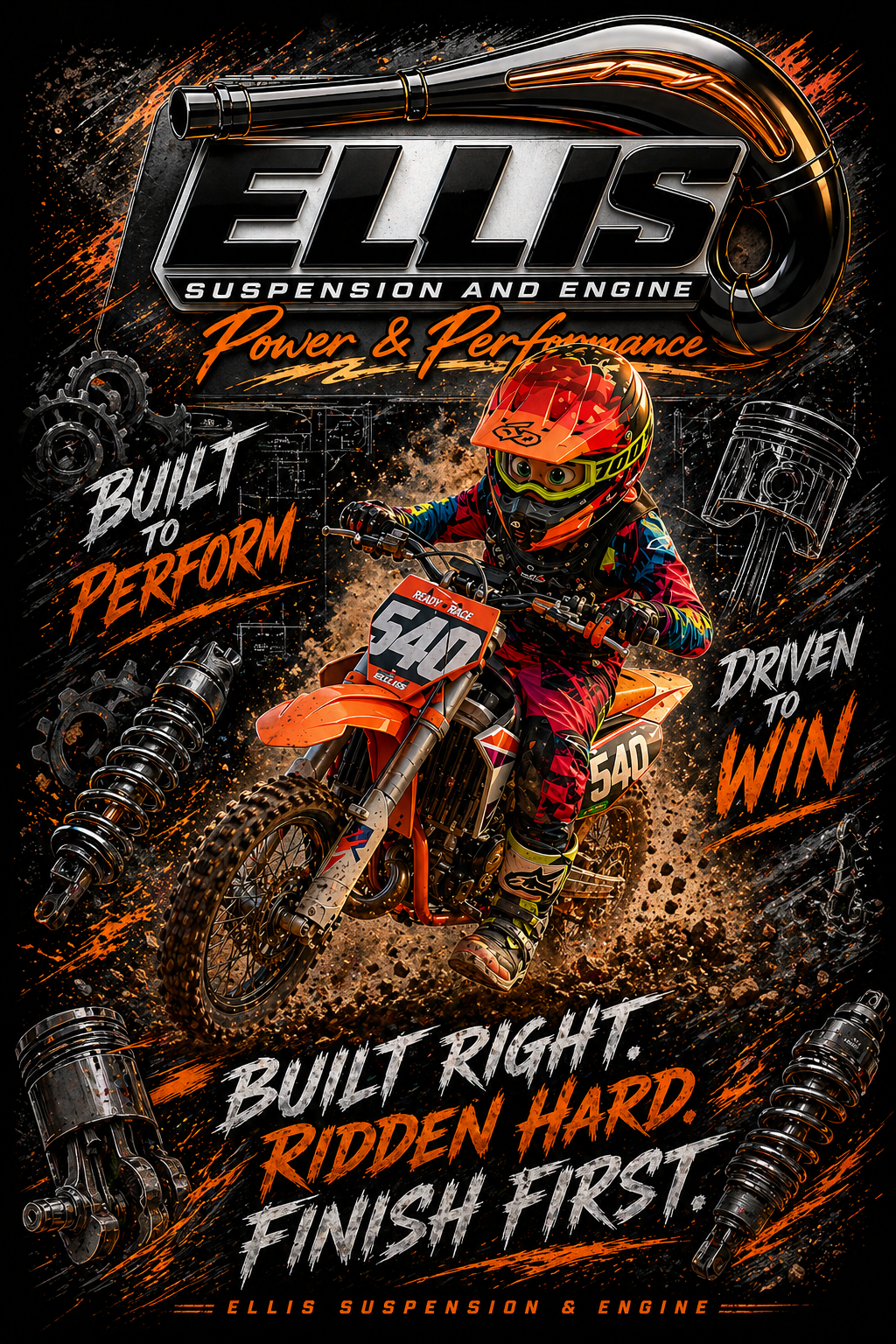 Motocross graphic with rider and text about Ellis Suspension and Engine, featuring orange and black colors.