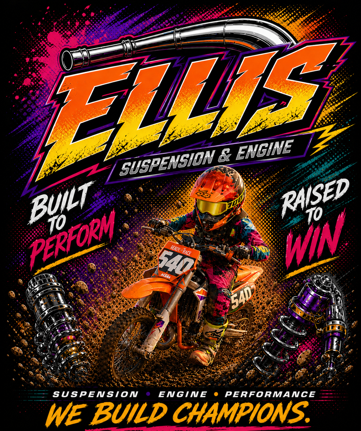 Promotional graphic for Ellis Suspension and Engine with a motocross rider and text about performance and winning.