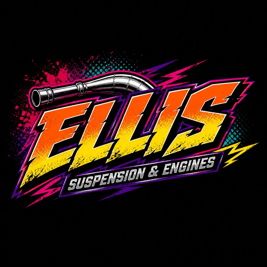 Logo for Ellis Suspension & Engines with colorful text and a pipe graphic on a black background