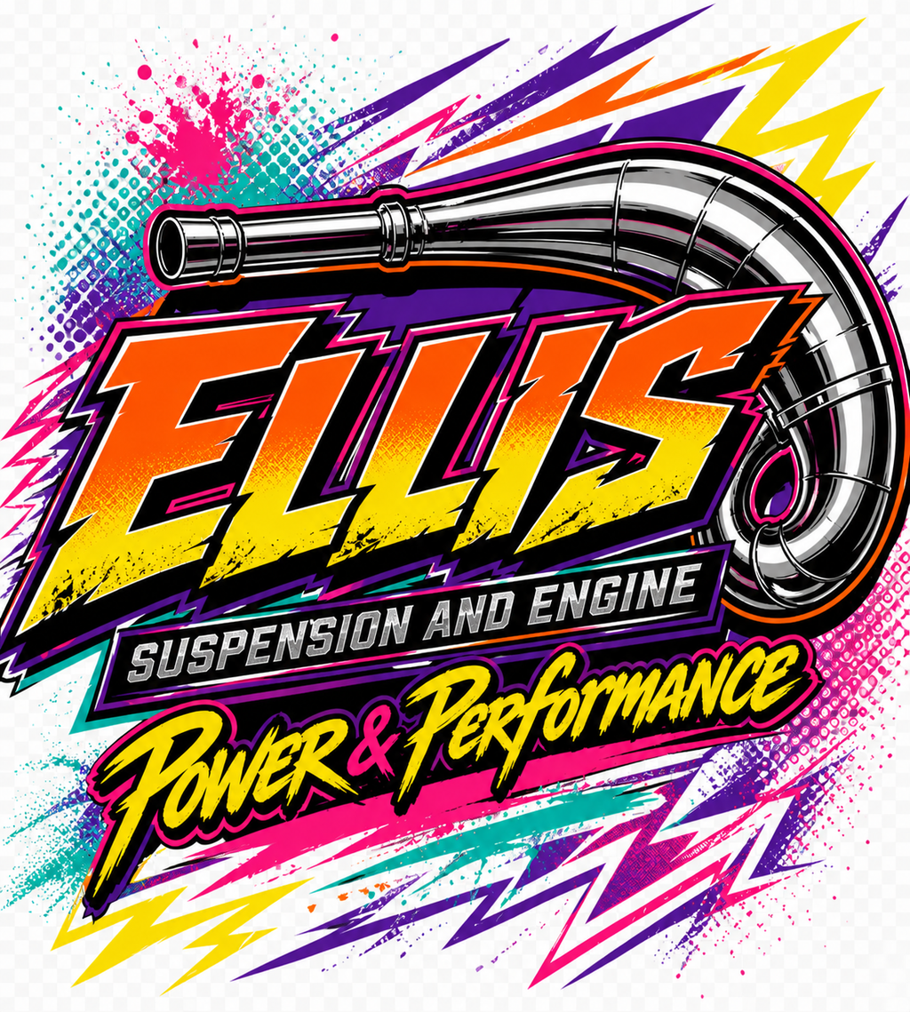 Colorful advertisement for Ellis Suspension and Engine with a metallic exhaust pipe graphic.